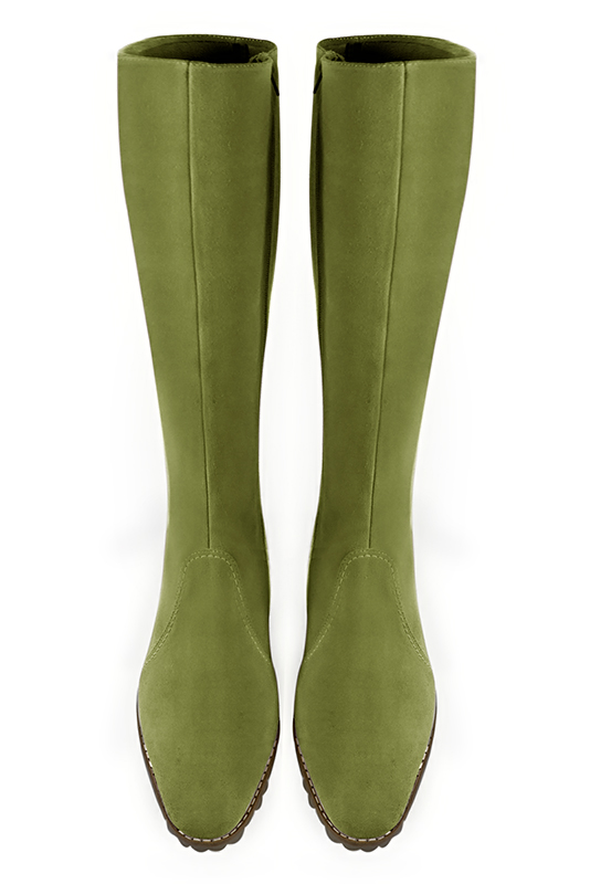 Pistachio green women's riding knee-high boots. Round toe. Medium block heels. Made to measure. Top view - Florence KOOIJMAN